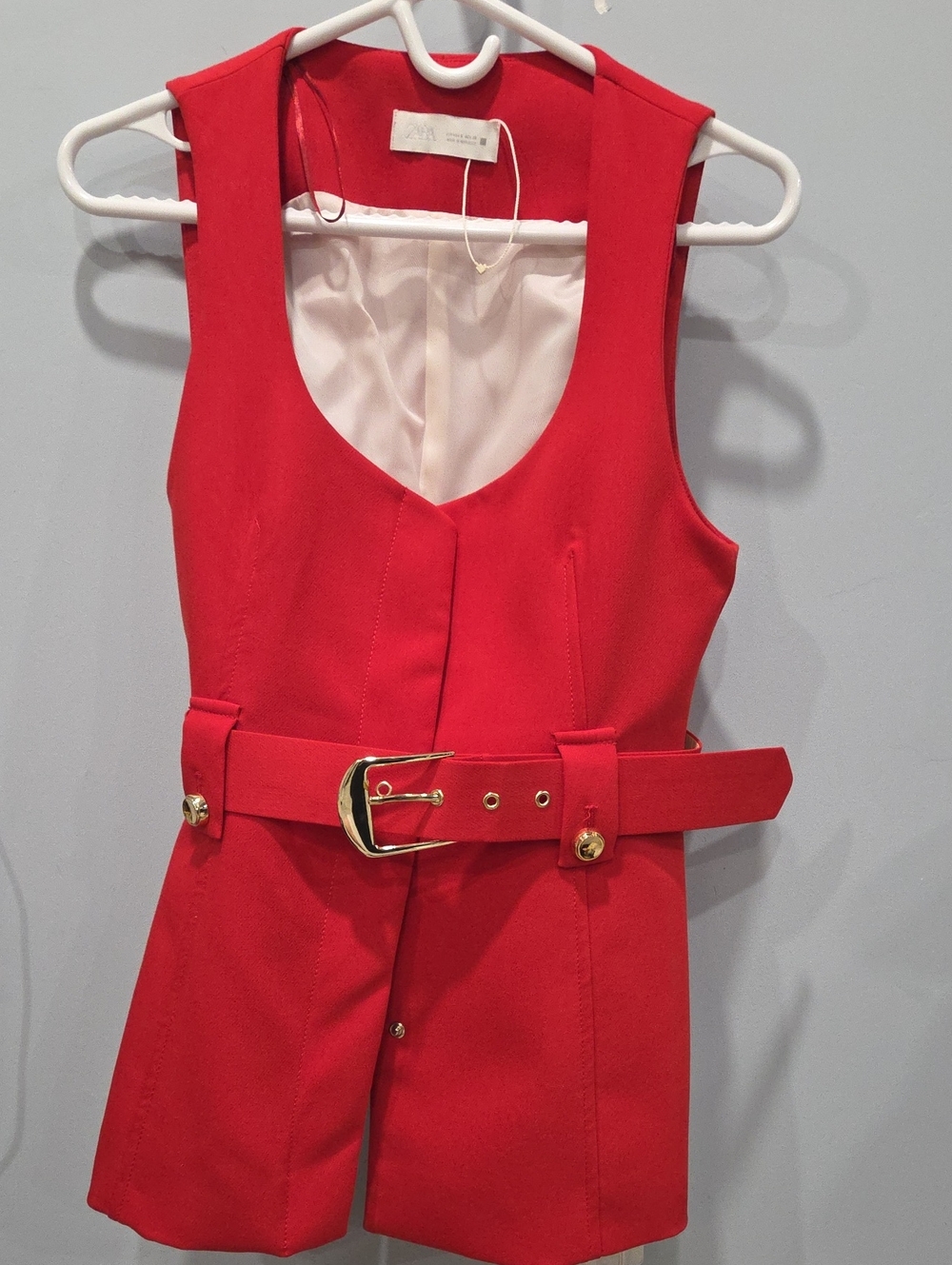 Zara Red Sleeveless Belted Waistcoat with Gold Buckle